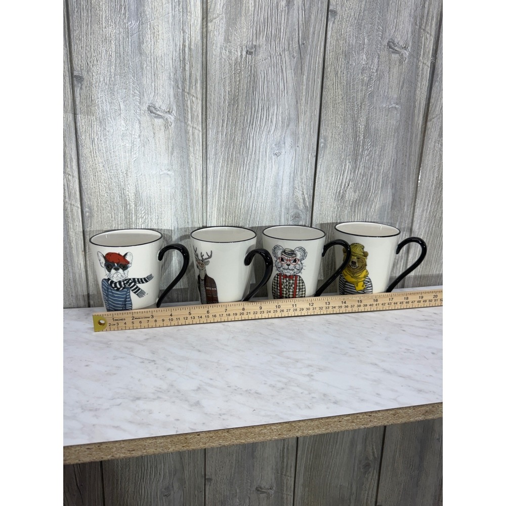 Hipster Animal Coffee Mug Set of 4 French Bulldog Deer Mouse Bear Ceramic 12oz - Picture 7 of 8